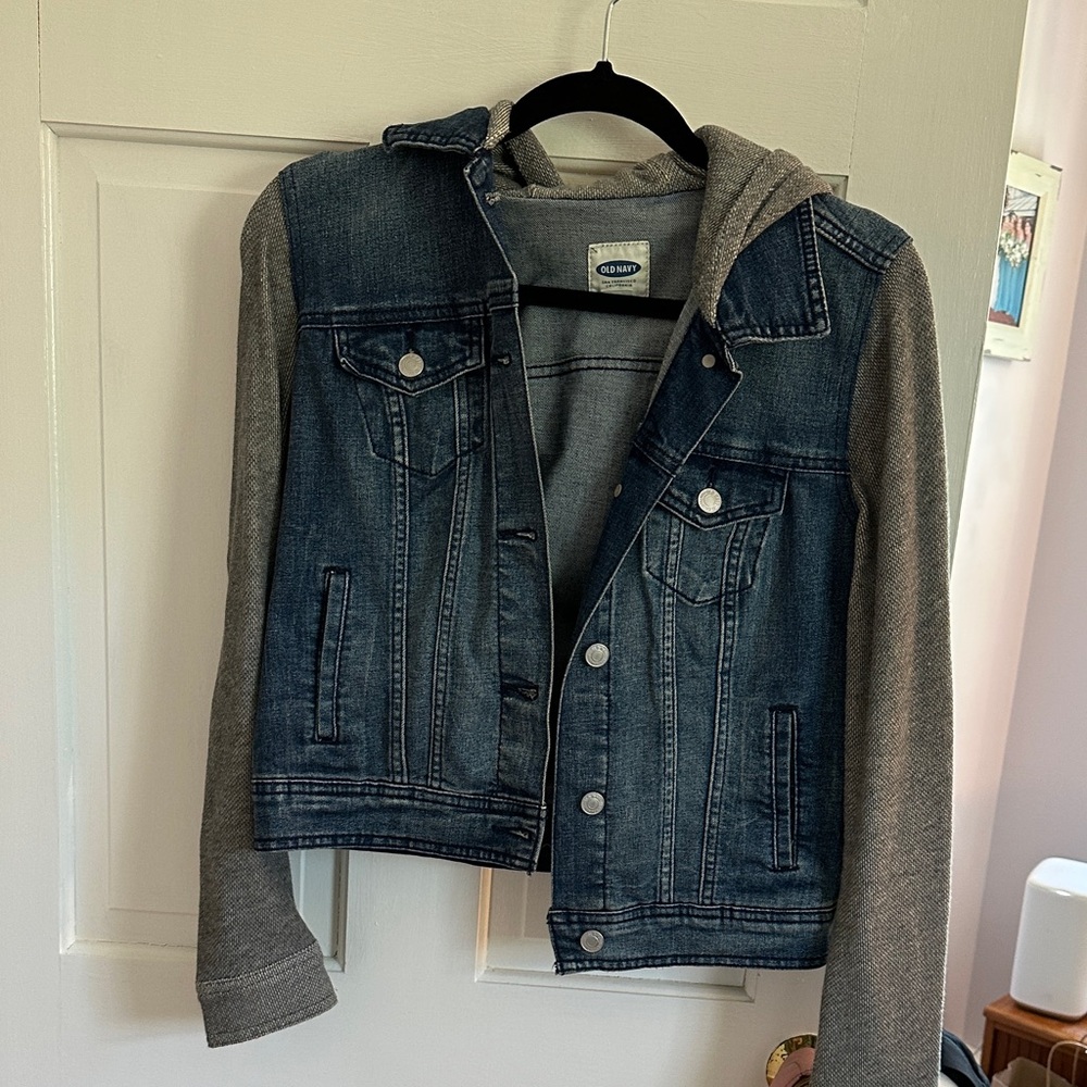 Old Navy Blue Denim Jacket with Gray Hoodie Sleeves